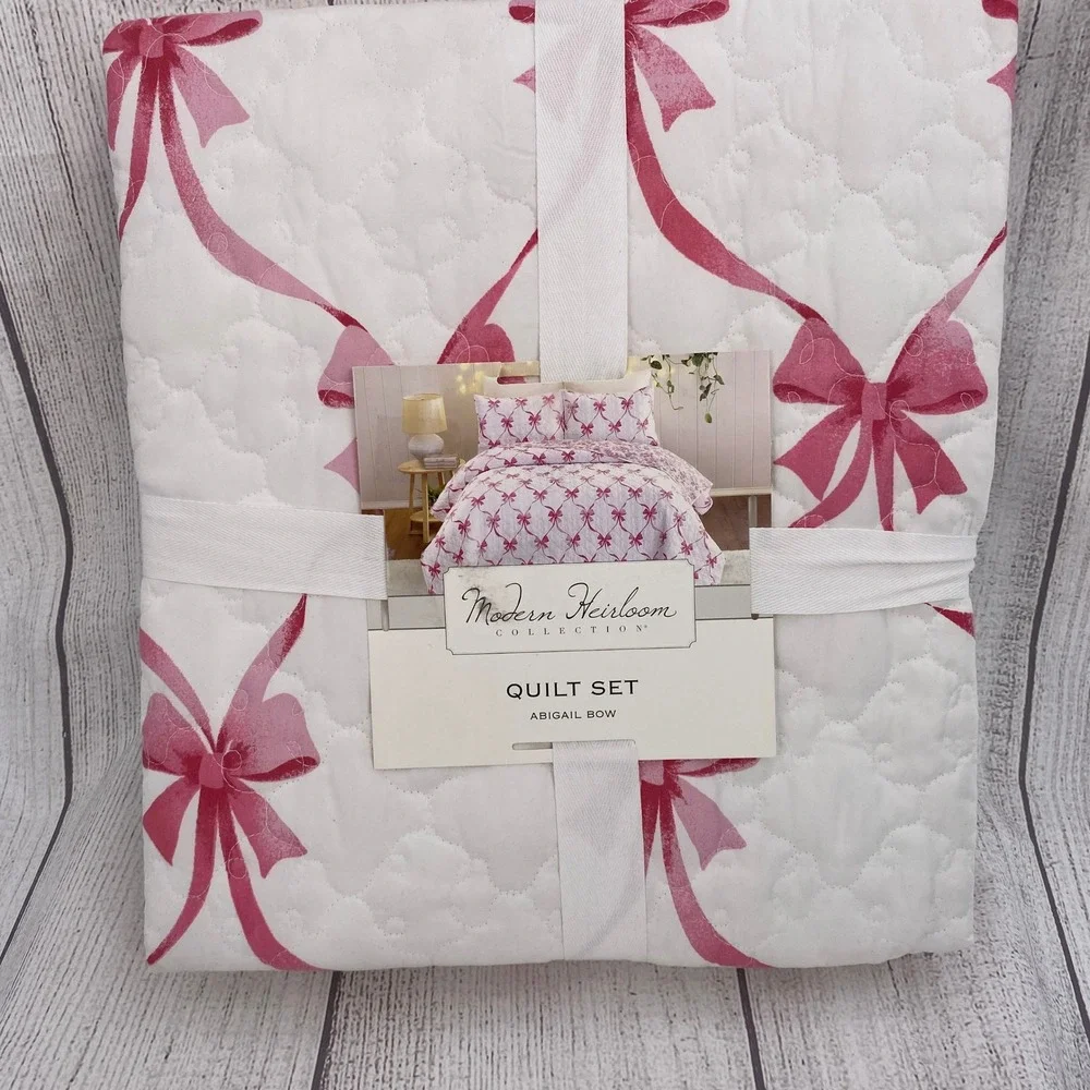 Modern Heirloom Abigail Bow Quilt Set Twin White Pink Ribbon Coquette Cottage